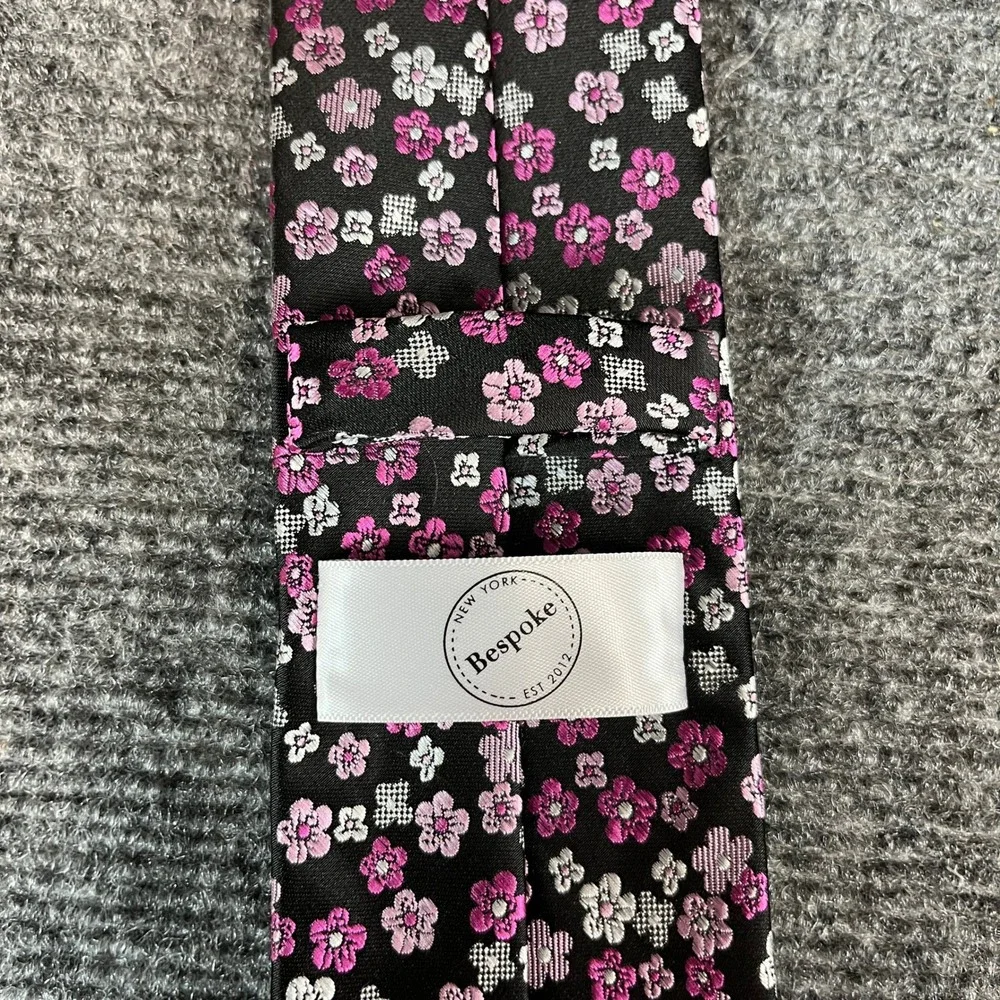 Bespoke New York Mens Necktie Black Pink Purple Floral Flower Print Polyester
